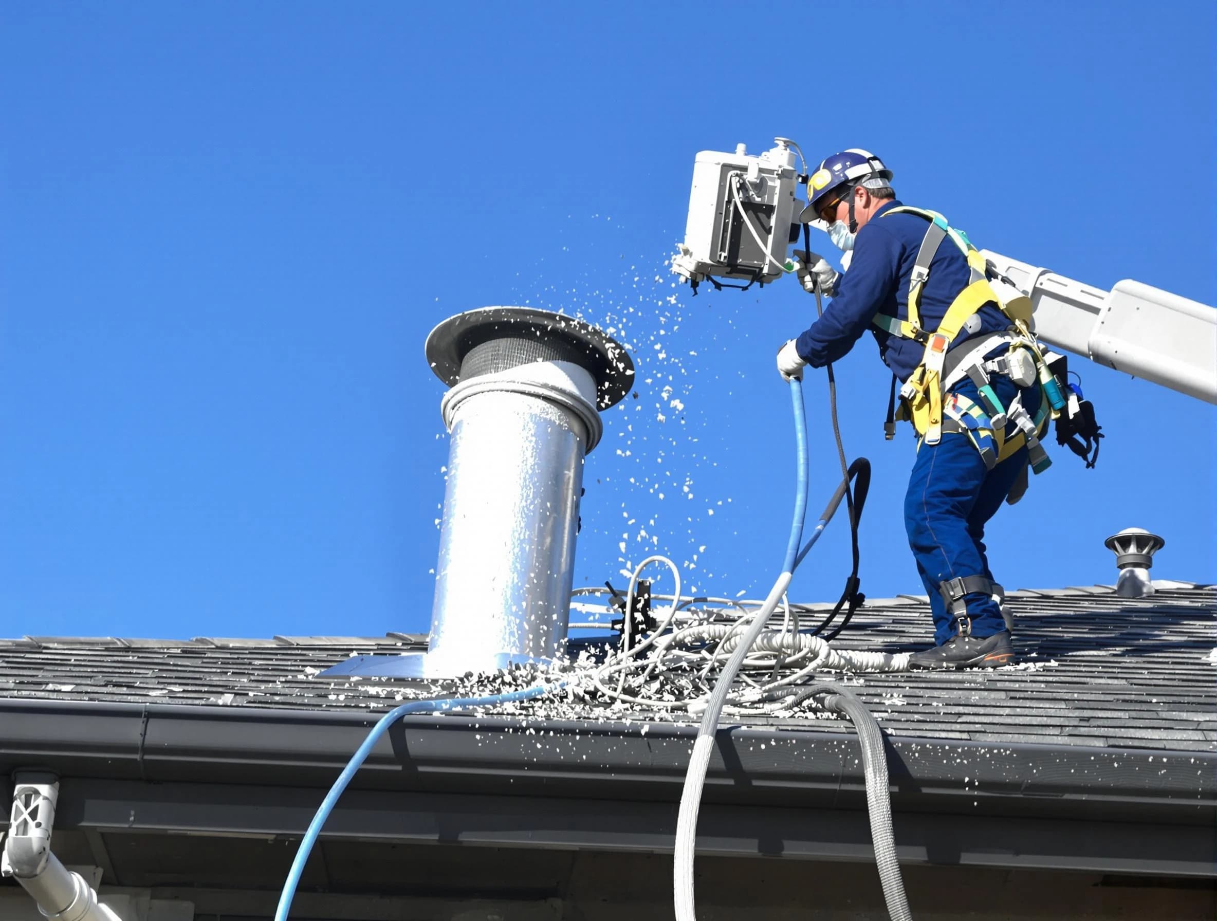 American Fork Dryer Vent Cleaning certified technician safely cleaning a roof-mounted dryer vent in American Fork