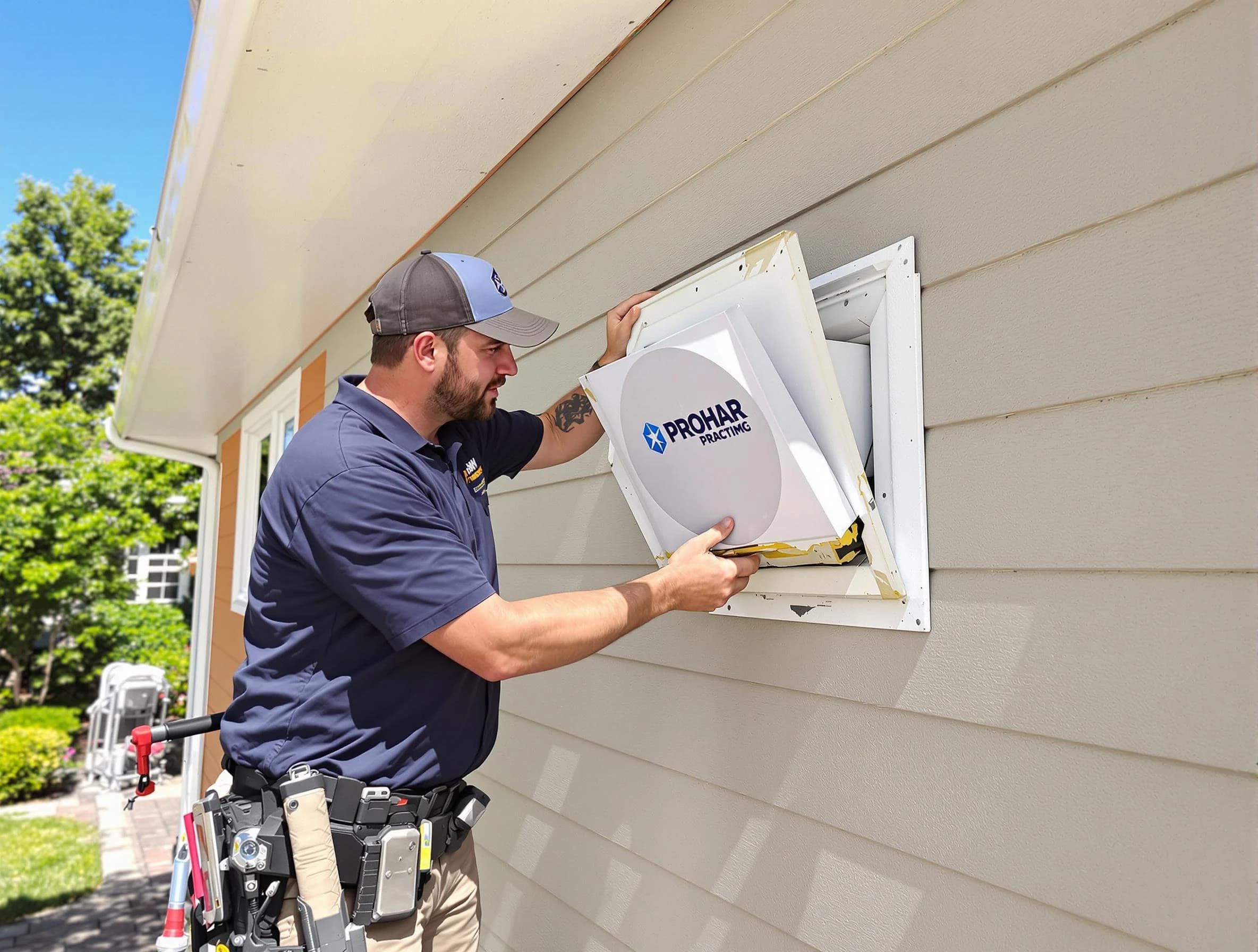American Fork Dryer Vent Cleaning technician installing a new protective dryer vent cover on a home in American Fork