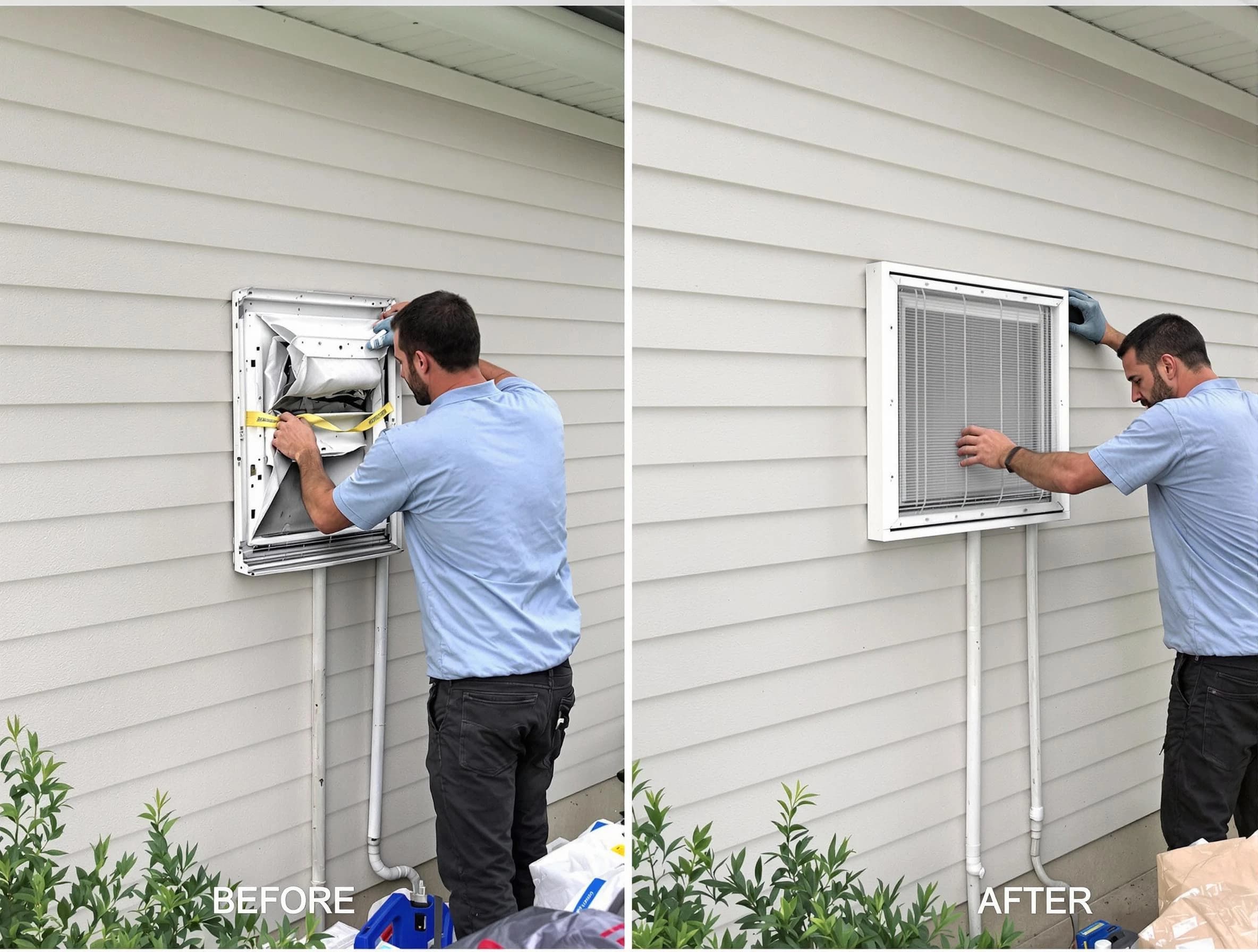 American Fork Dryer Vent Cleaning technician installing high-quality dryer vent cover at a residential property in American Fork