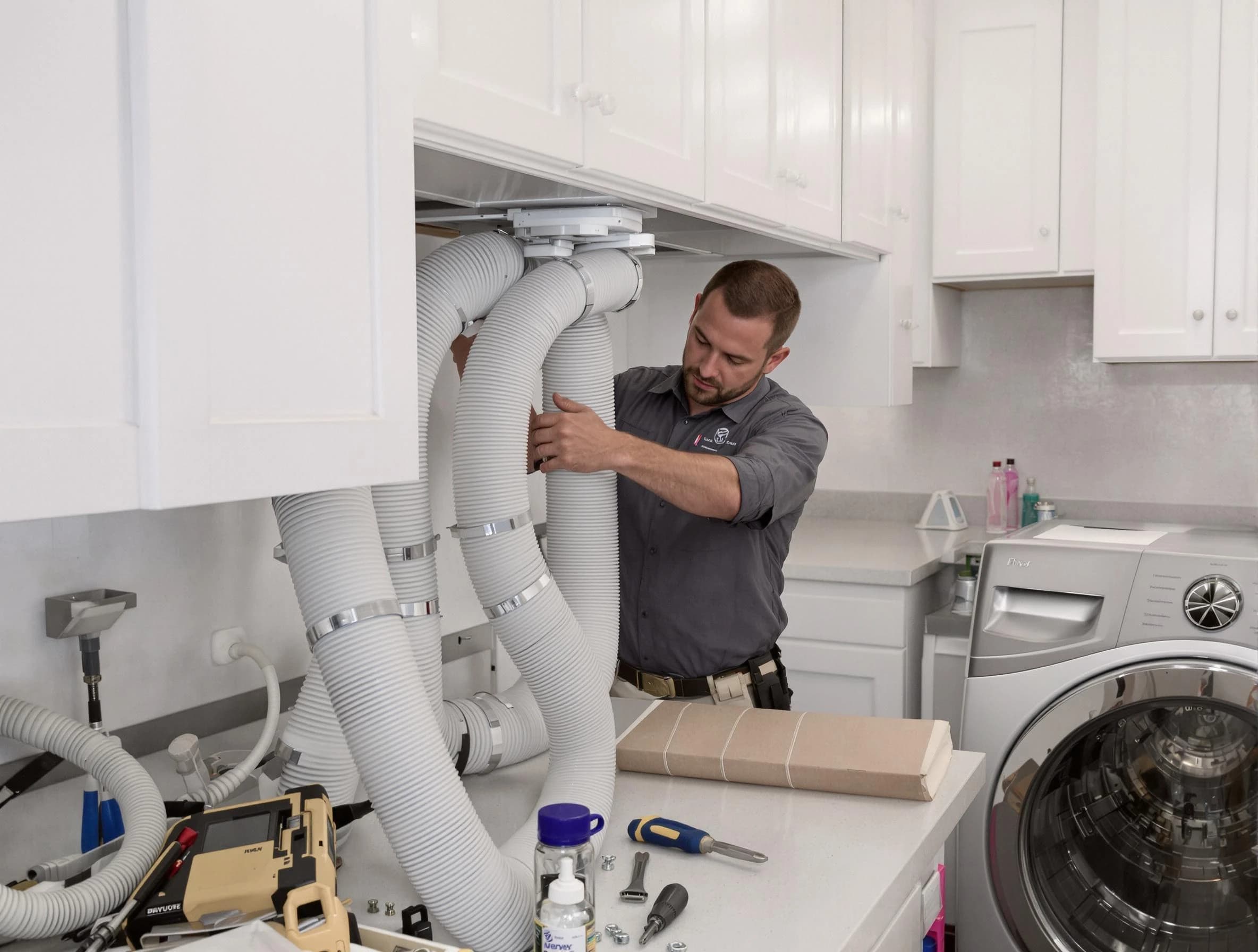 American Fork Dryer Vent Cleaning technician installing a new professional-grade dryer vent hose in American Fork